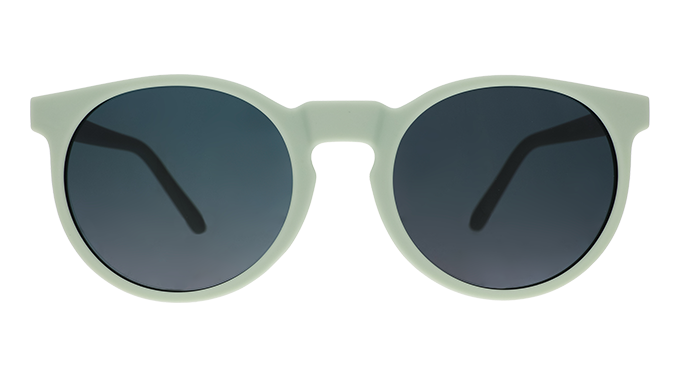 A pair of round sunglasses with mint green frames.