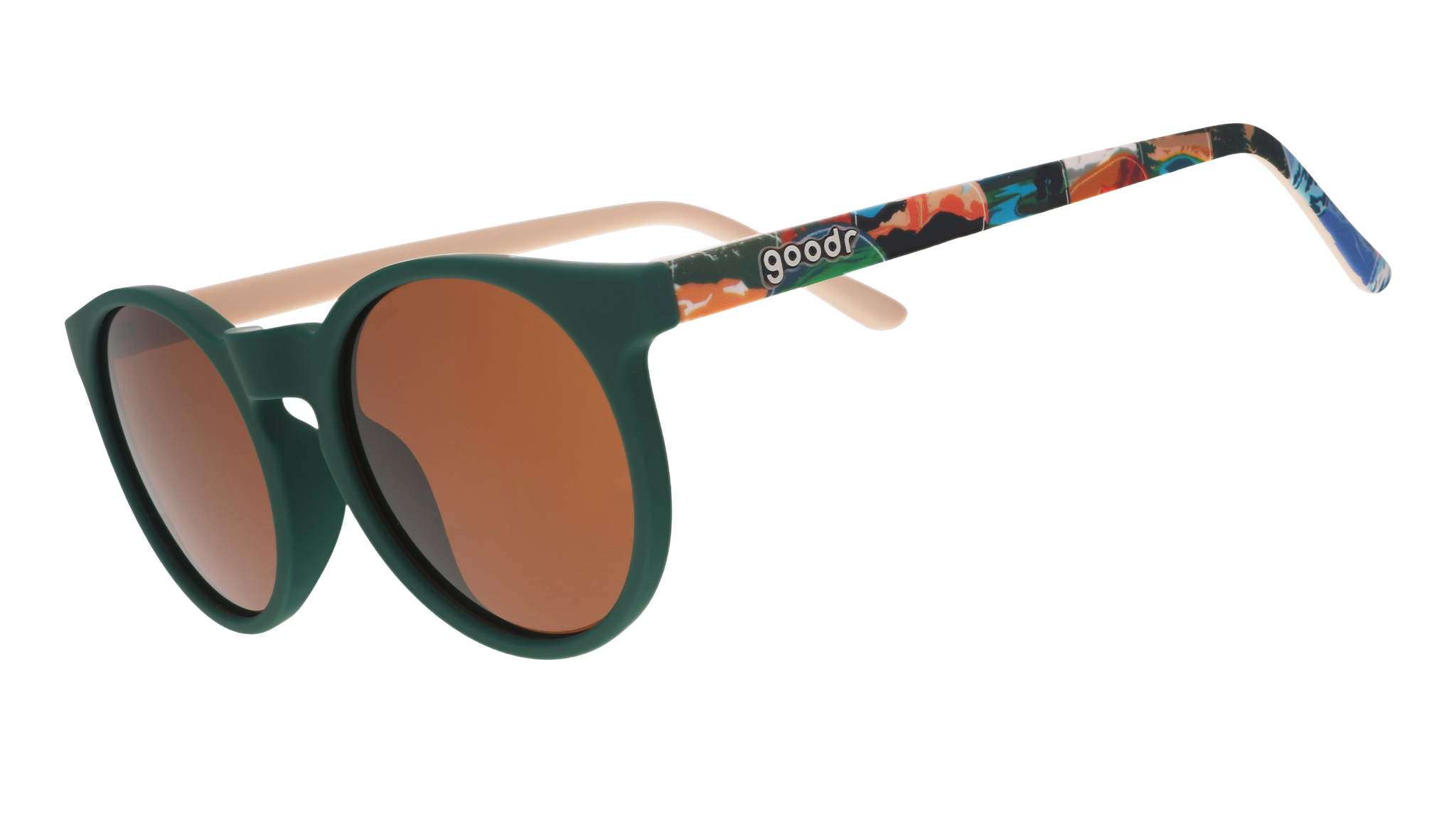 Green round sunglasses with brown non-reflective lenses and colorful National Park Foundation artwork on the temples.