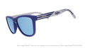 Three-quarter angle view of shades tilted down. Blue + gray frames w/ Yard Goats on temples. Teal reflective lenses.