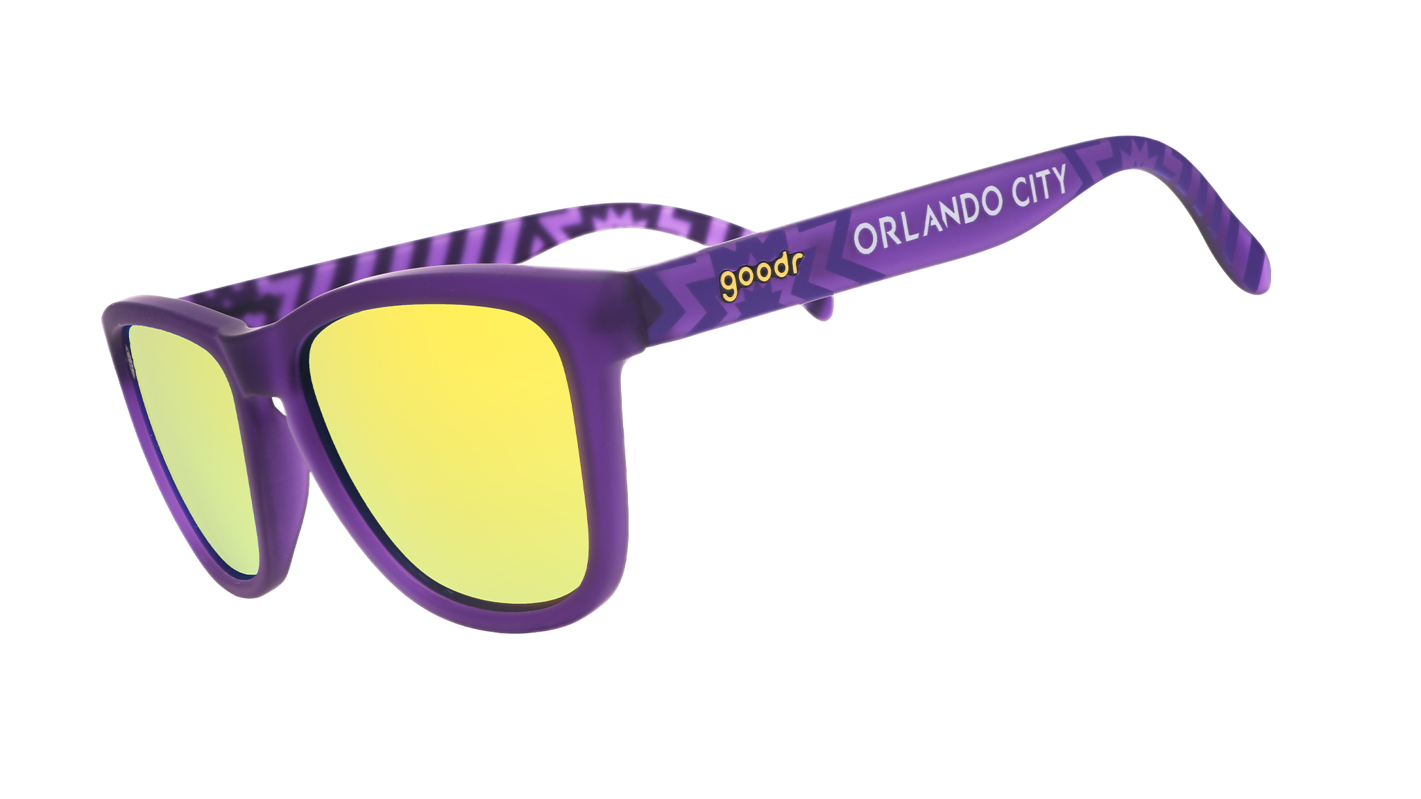 Angled view of shades tilted down. Purple frames w/ stripes + Orlando City on temples. Violet reflective lenses.