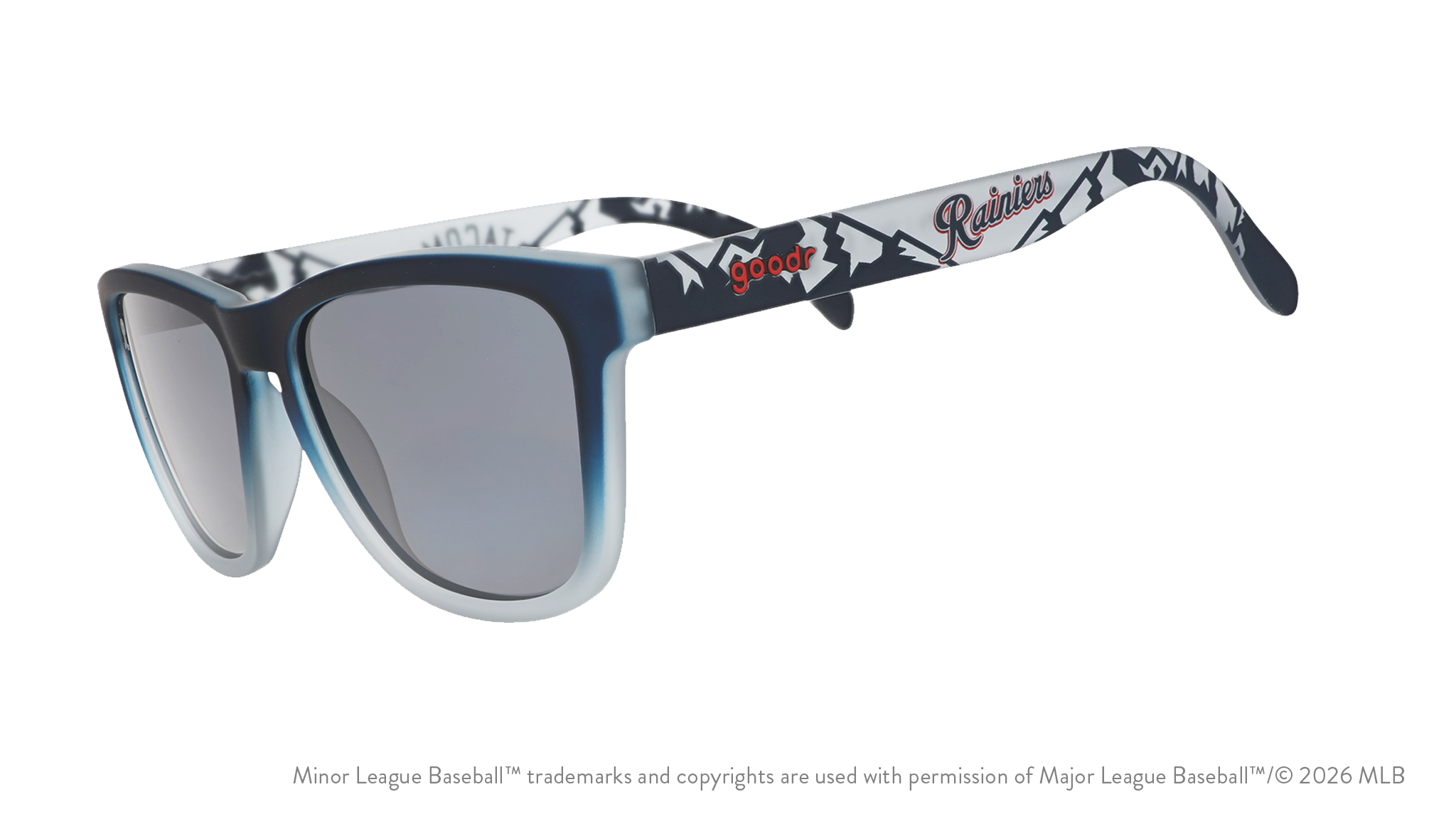 Three-quarter angle view of shades. Gray frames w/ mountain pattern, Rainiers on temples + black non-reflective lenses.