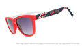 Three-quarter angle view of a pair of red, white, and navy sunnies featuring the Red Sox's team name logo on the arm.