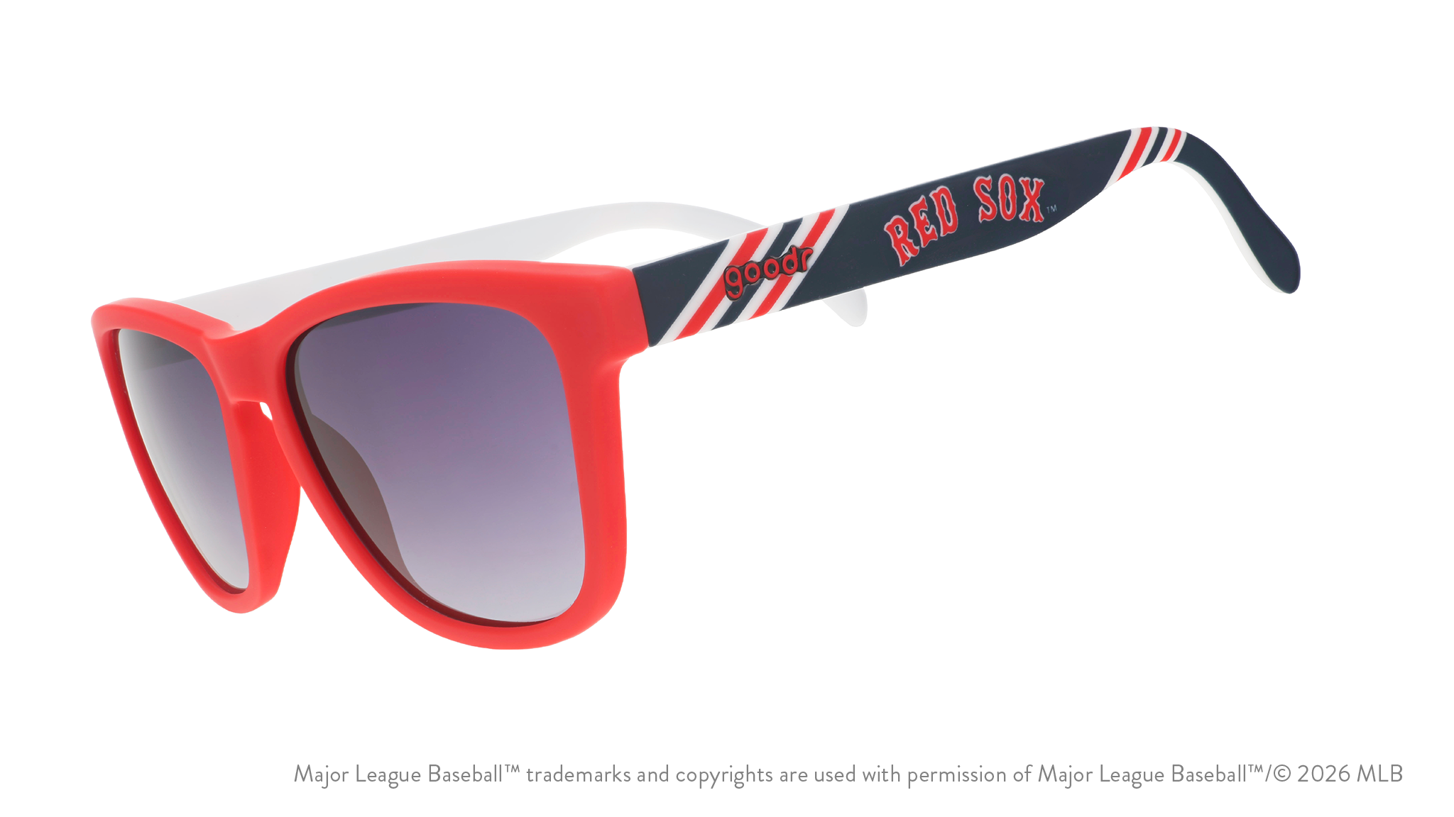 Three-quarter angle view of a pair of red, white, and navy sunnies featuring the Red Sox's team name logo on the arm.