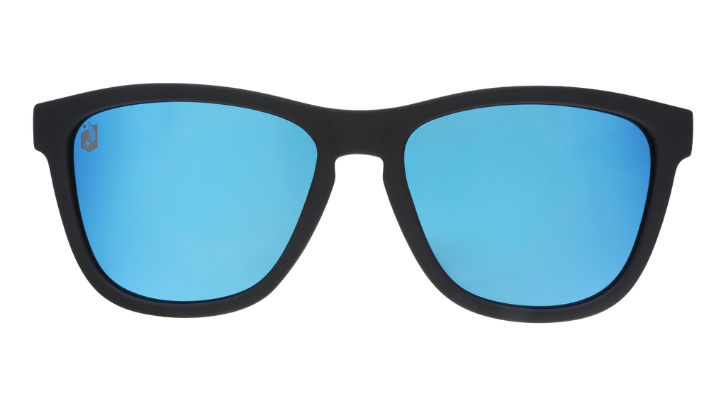 Front view of Major League Soccer Minnesota United FC shades. Navy front frame. Blue reflective lenses.