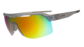 Three-quarter angle view of gray shield sunglasses with orange reflective wrap lenses tilted down on a white background.
