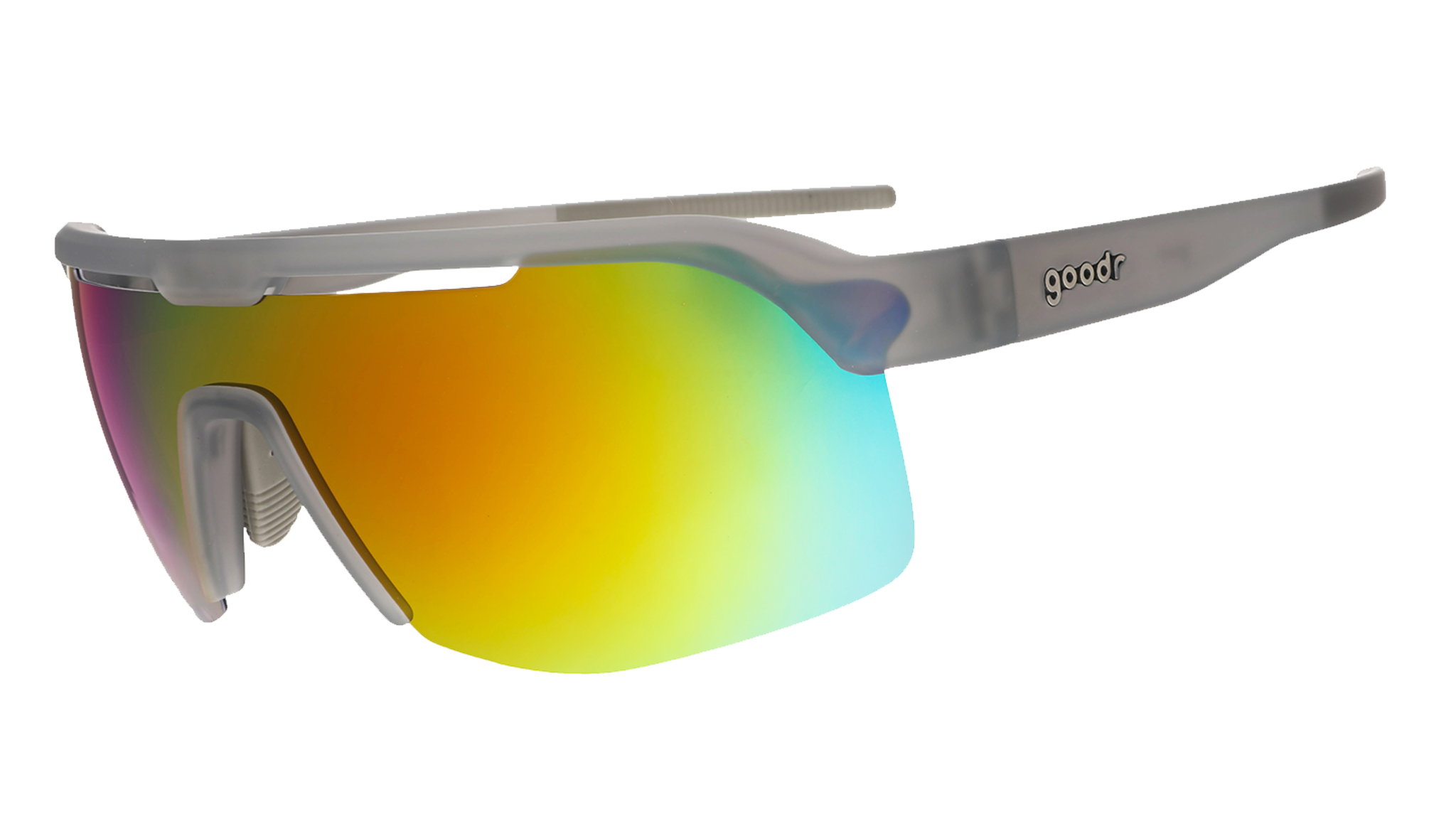 Three-quarter angle view of gray shield sunglasses with orange reflective wrap lenses tilted down on a white background.