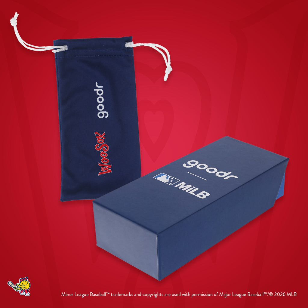 Front view of custom Minor League Baseball-themed packaging with a patterned microfiber bag and box.