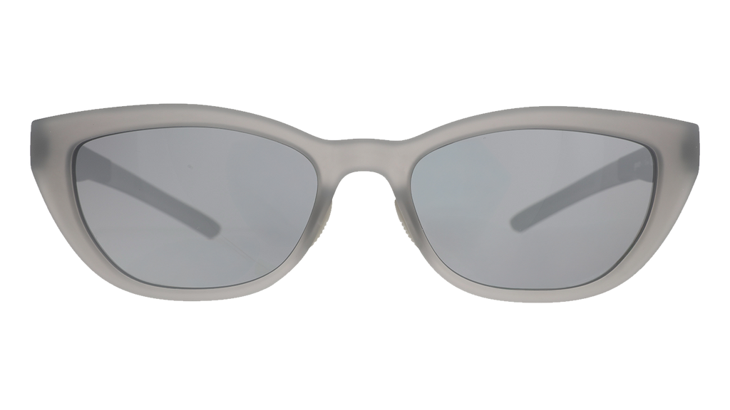 Front view of cat eye sunglasses. Gray front frame with chrome lenses on a white background.