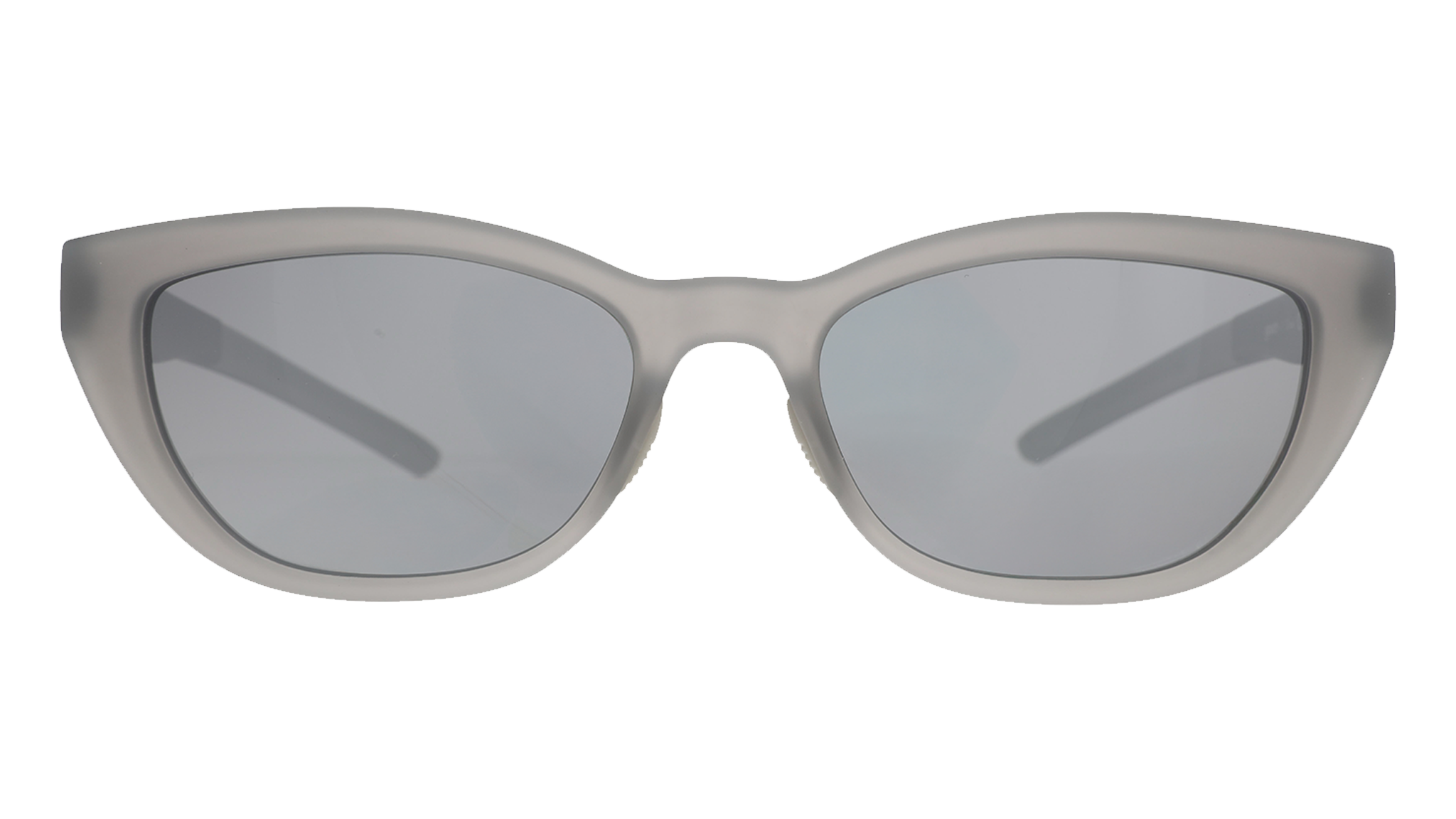 Front view of cat eye sunglasses. Gray front frame with chrome lenses on a white background.