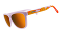 Sunglasses with light purple frames, reflective orange lenses, and colorful orange-and-red themed arms.