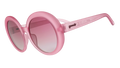 Three-quarter angle view of oversized, round, translucent pink Mood G sunglasses with purple gradient lenses.