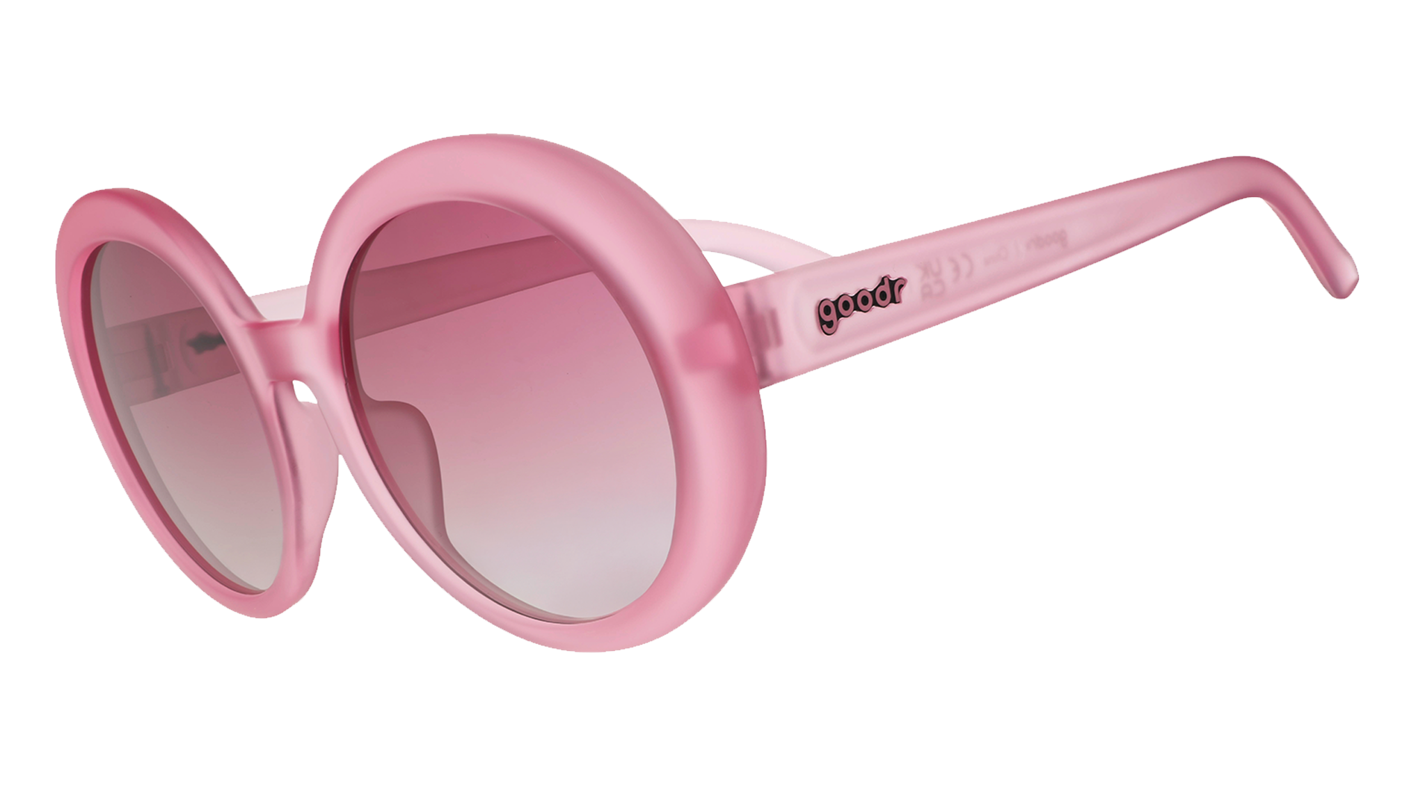 Three-quarter angle view of oversized, round, translucent pink Mood G sunglasses with purple gradient lenses.