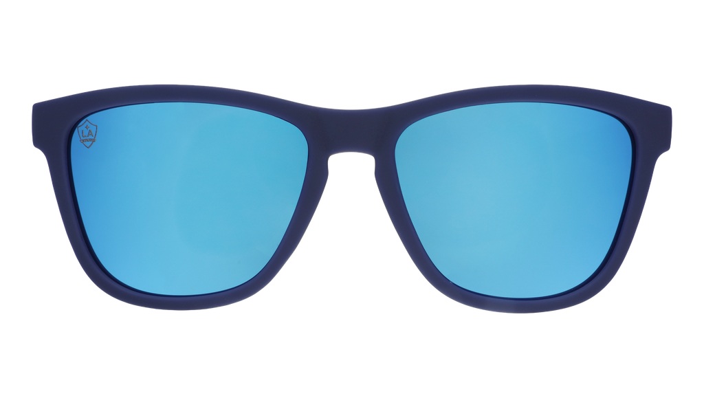 Front view of Major League Soccer LA Galaxy shades. Navy front frame. Blue reflective lenses.