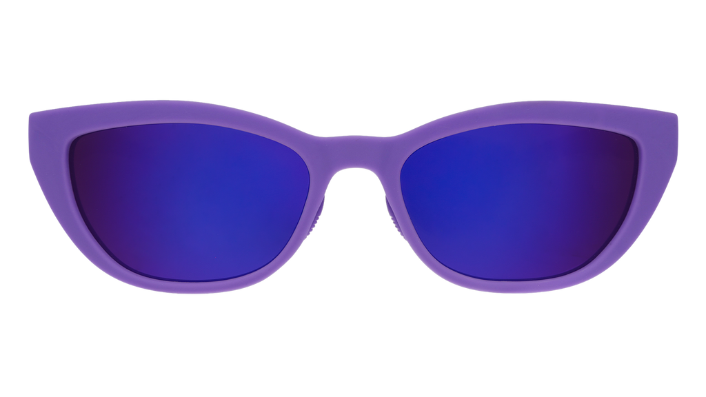 Front angle view of a pair of deep purple cat-eye Cheetah G sunglasses with purple reflective lenses.