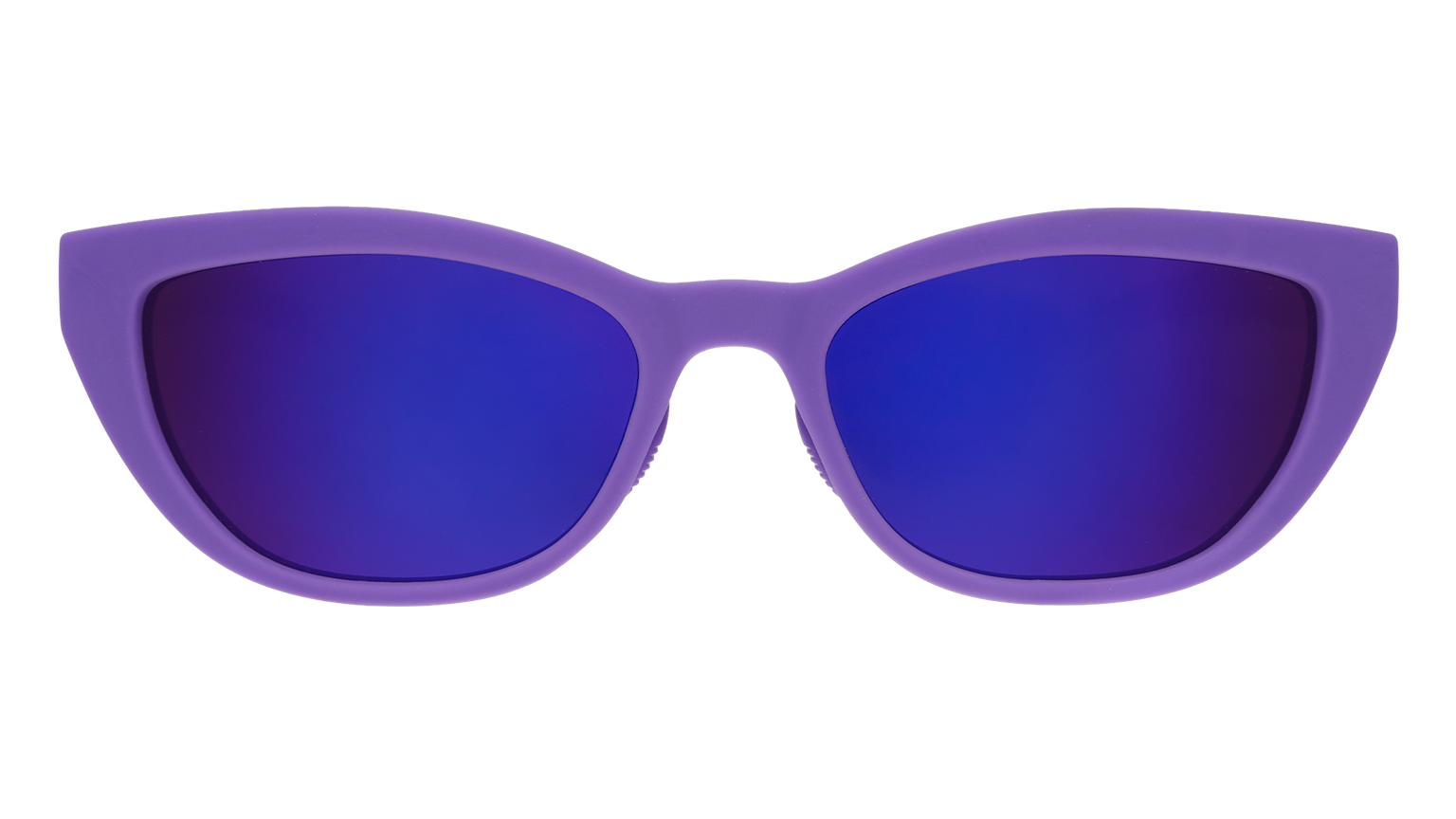 Front angle view of a pair of deep purple cat-eye Cheetah G sunglasses with purple reflective lenses.
