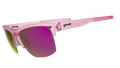 Three-quarter angle view of half-rim translucent pink sunglasses with pink reflective polarized lenses and light pink silicone grips on the inner arms.