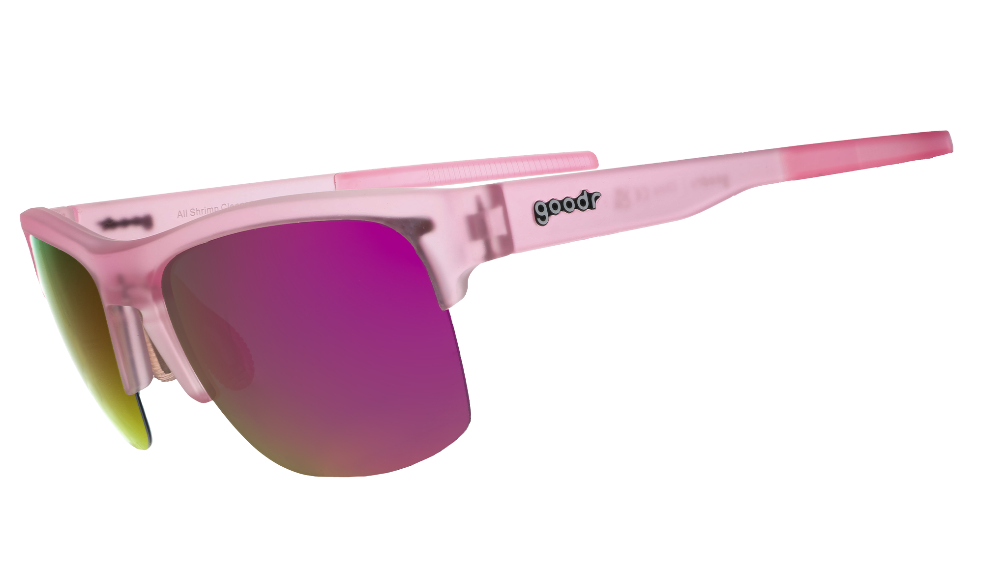 Three-quarter angle view of half-rim translucent pink sunglasses with pink reflective polarized lenses and light pink silicone grips on the inner arms.