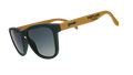 Three-quarter angle view of Portland Timbers Major League Soccer sunglasses with wood-patterned arms and green lenses