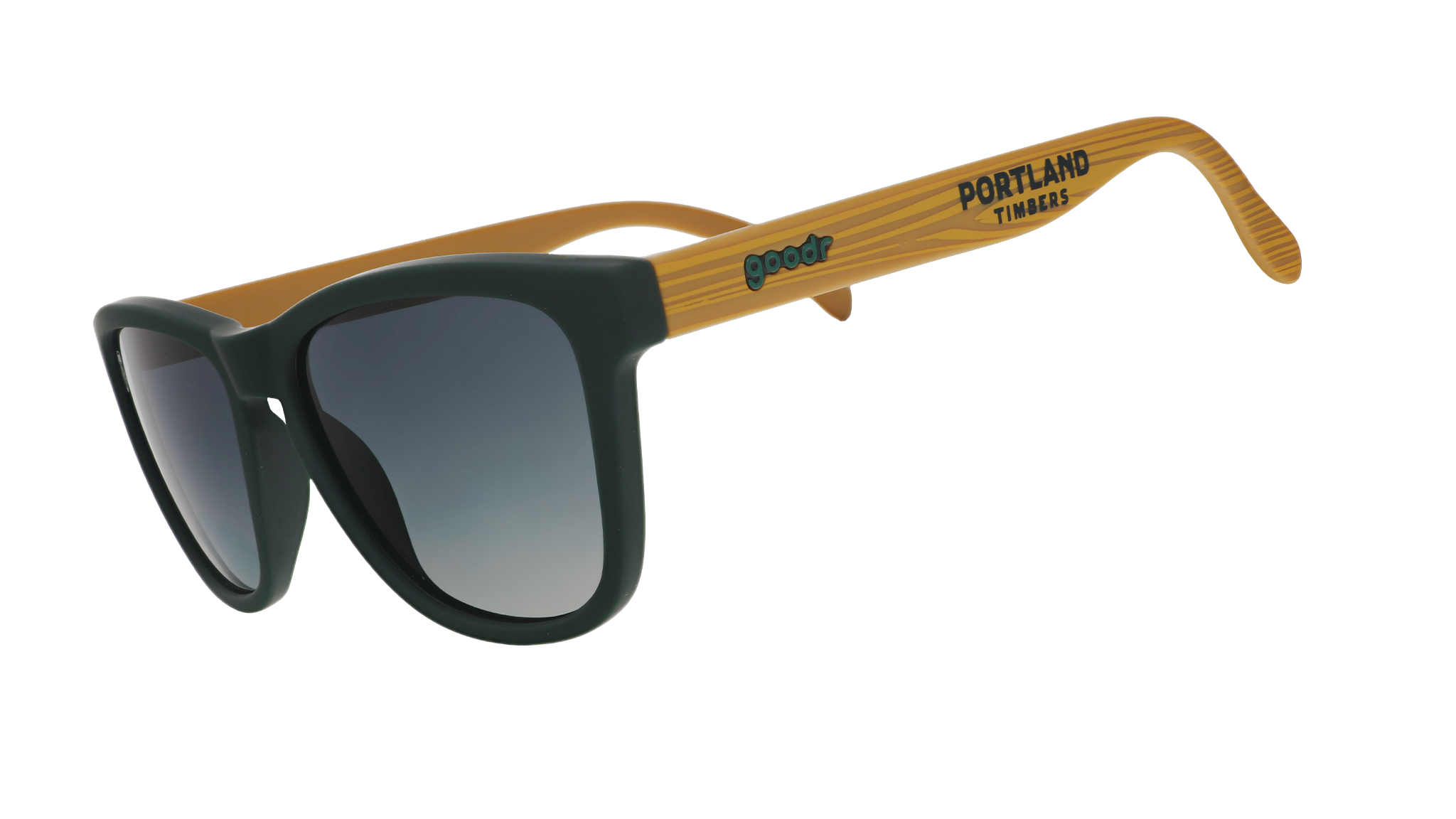 Three-quarter angle view of Portland Timbers Major League Soccer sunglasses with wood-patterned arms and green lenses
