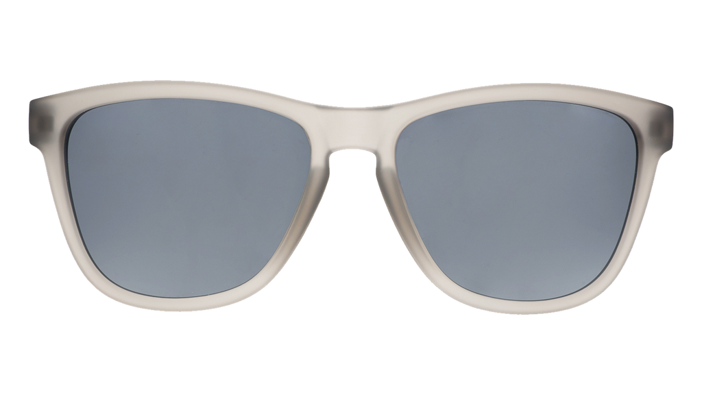 Front view of square-shaped sunglasses with translucent dark gray frames and gray polarized lenses.