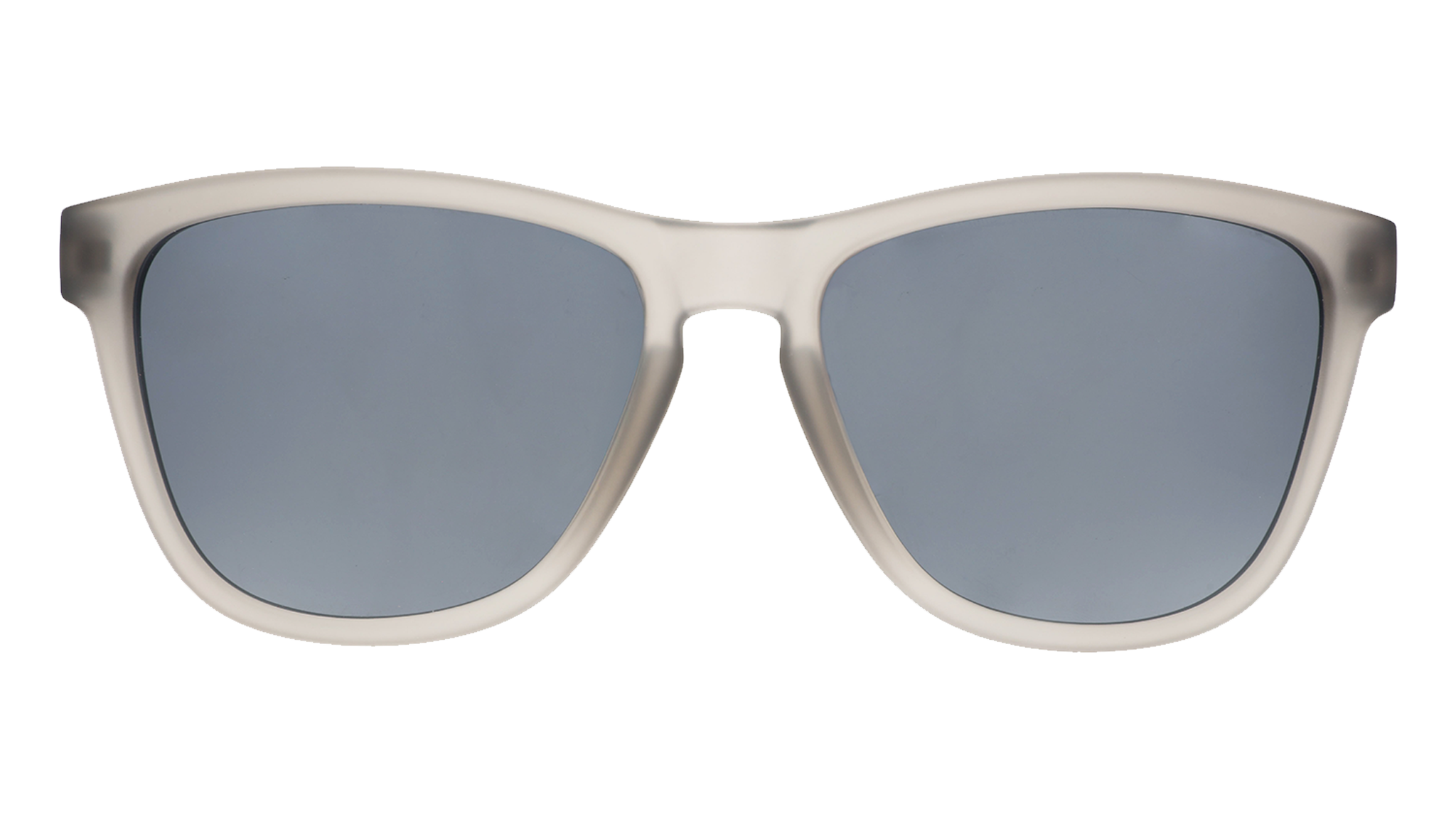 Front view of square-shaped sunglasses with translucent dark gray frames and gray polarized lenses.