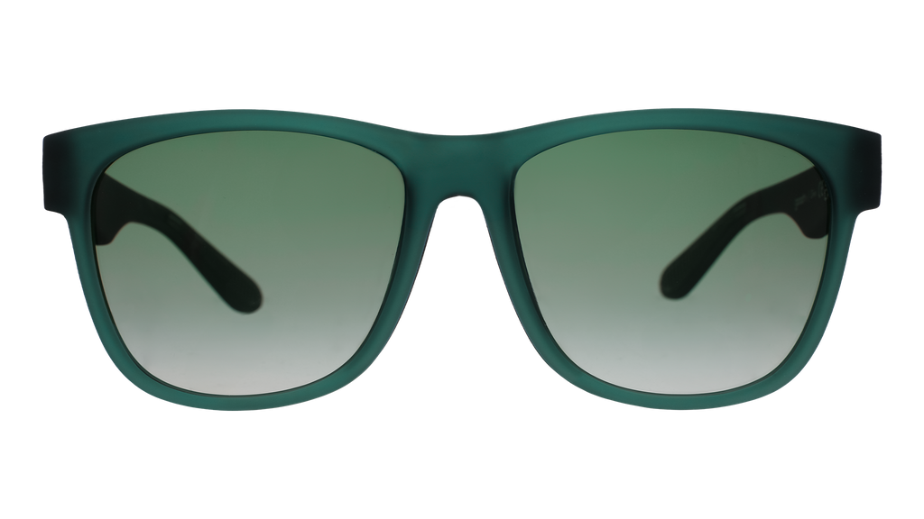 Front view of large dark teal sunglasses with green gradient lenses.