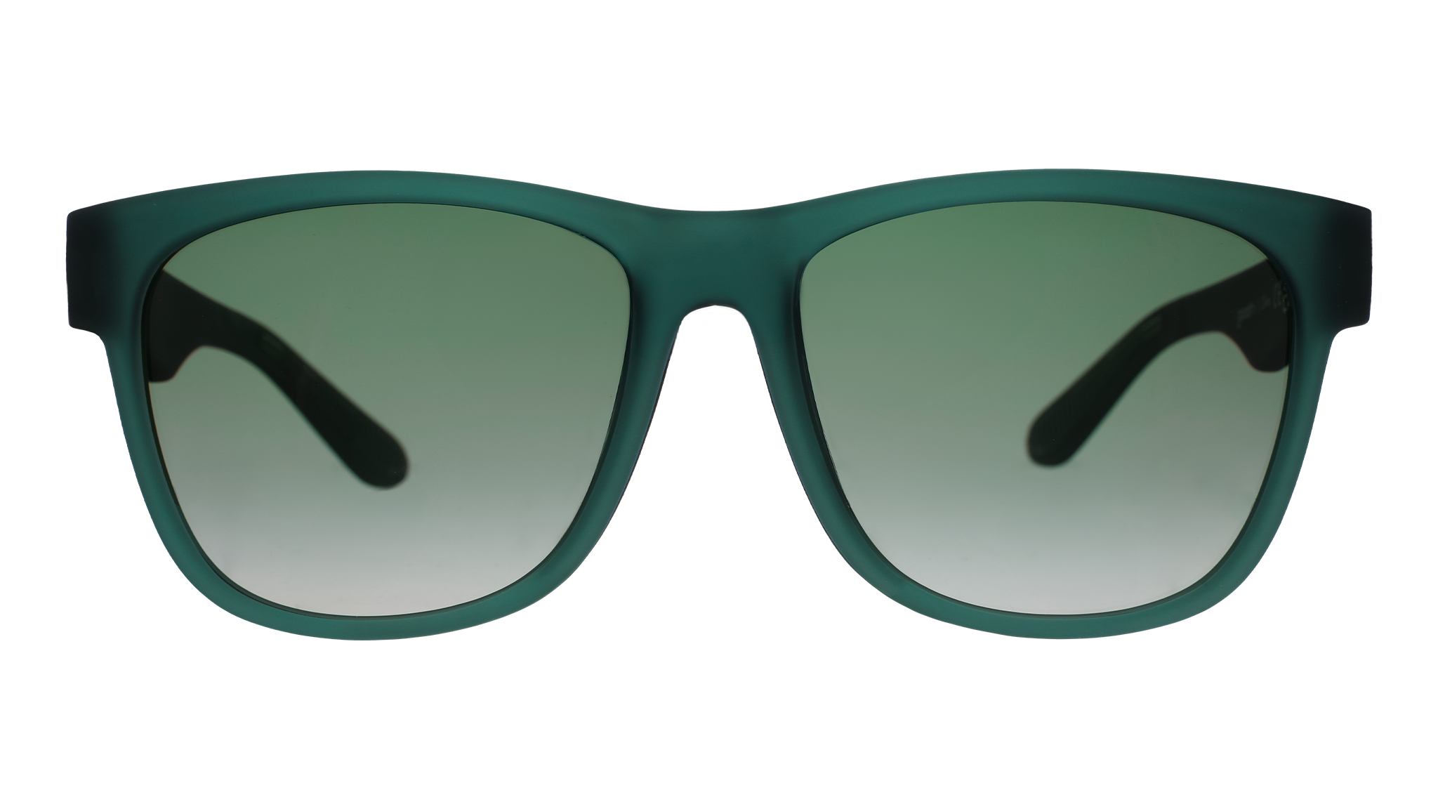 Front view of large dark teal sunglasses with green gradient lenses.