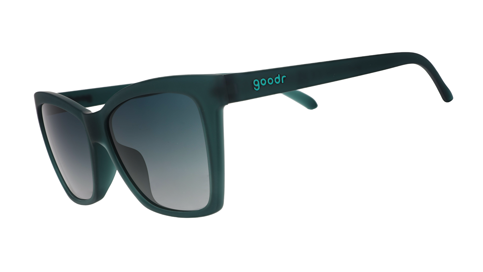 Three-quarter angle view of a pair of translucent teal Pop Gs with green gradient lenses.