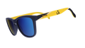 Three-quarter angle view of Major League Soccer LA Galaxy shades. Navy+yellow frames. Blue reflective lenses.