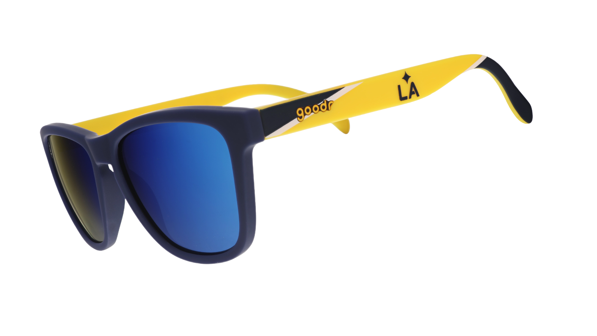 Three-quarter angle view of Major League Soccer LA Galaxy shades. Navy+yellow frames. Blue reflective lenses.