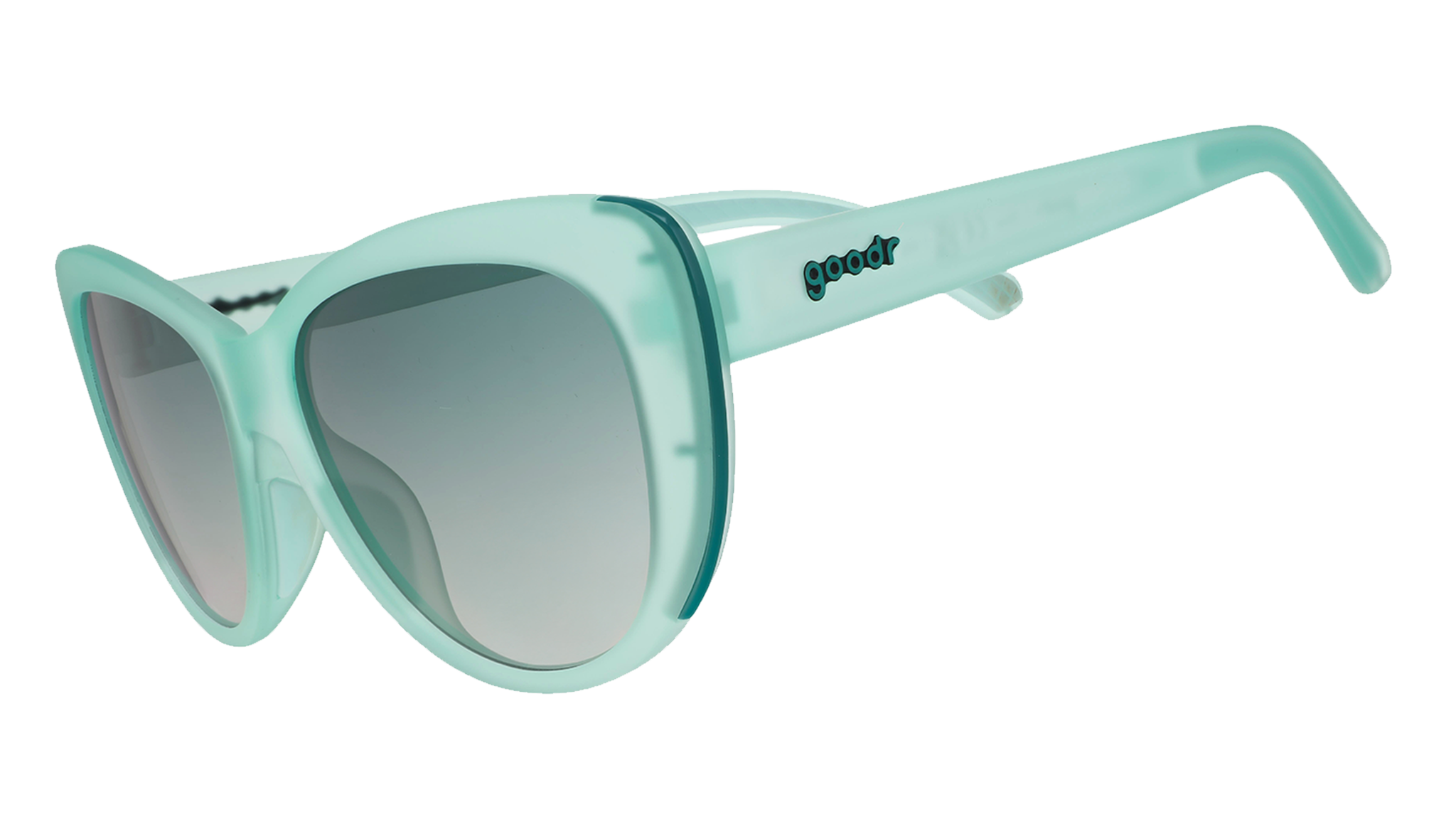 Three-quarter angle view of translucent pale green Glam G cat-eye sunglasses with  green gradient lenses.