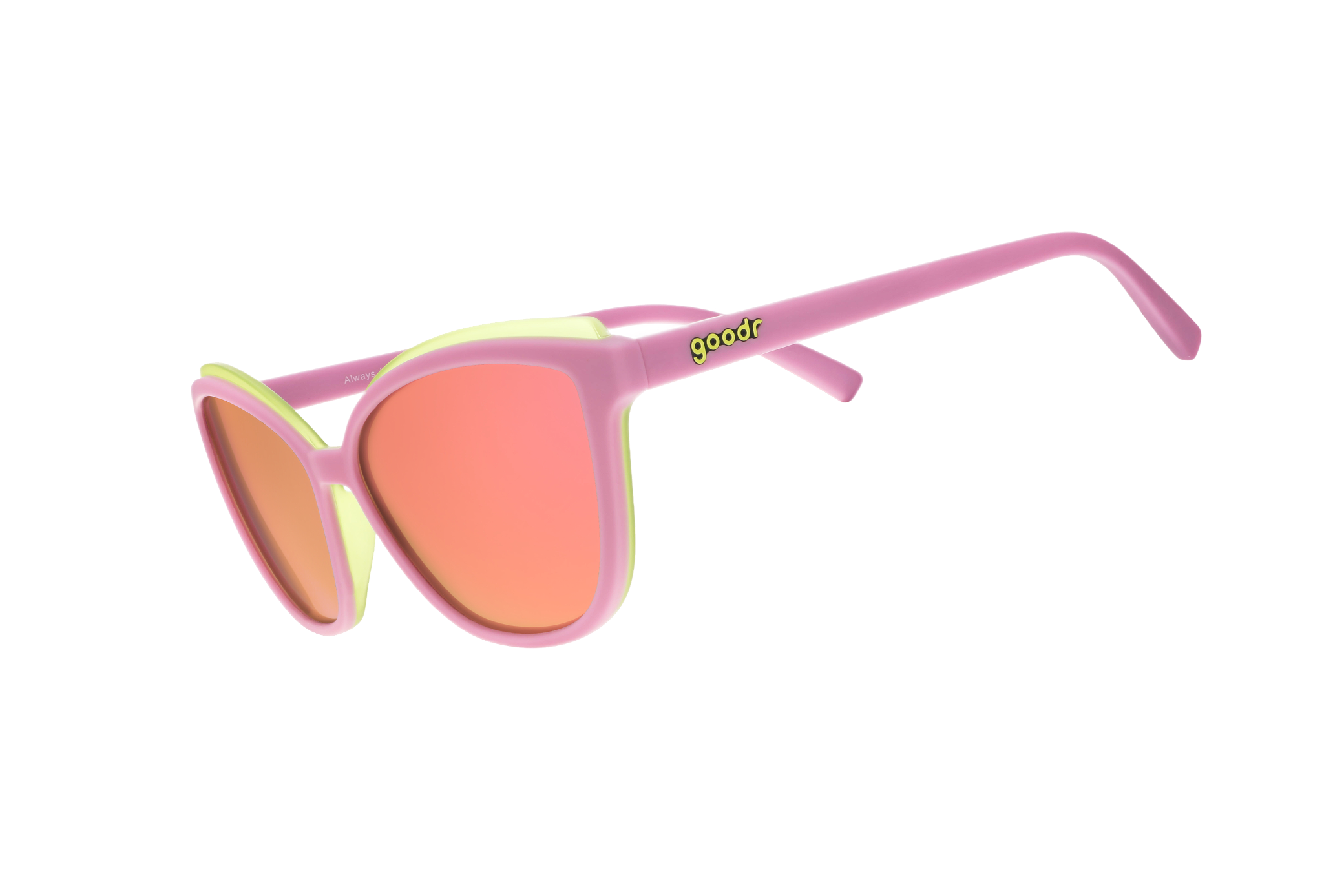 Sunglasses with pink frame and orange lenses on a white background