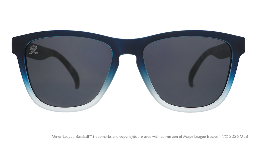 Front view of sunglasses. Gray front frame. Black non-reflective lenses. Rainiers logo etching in top corner of lens.