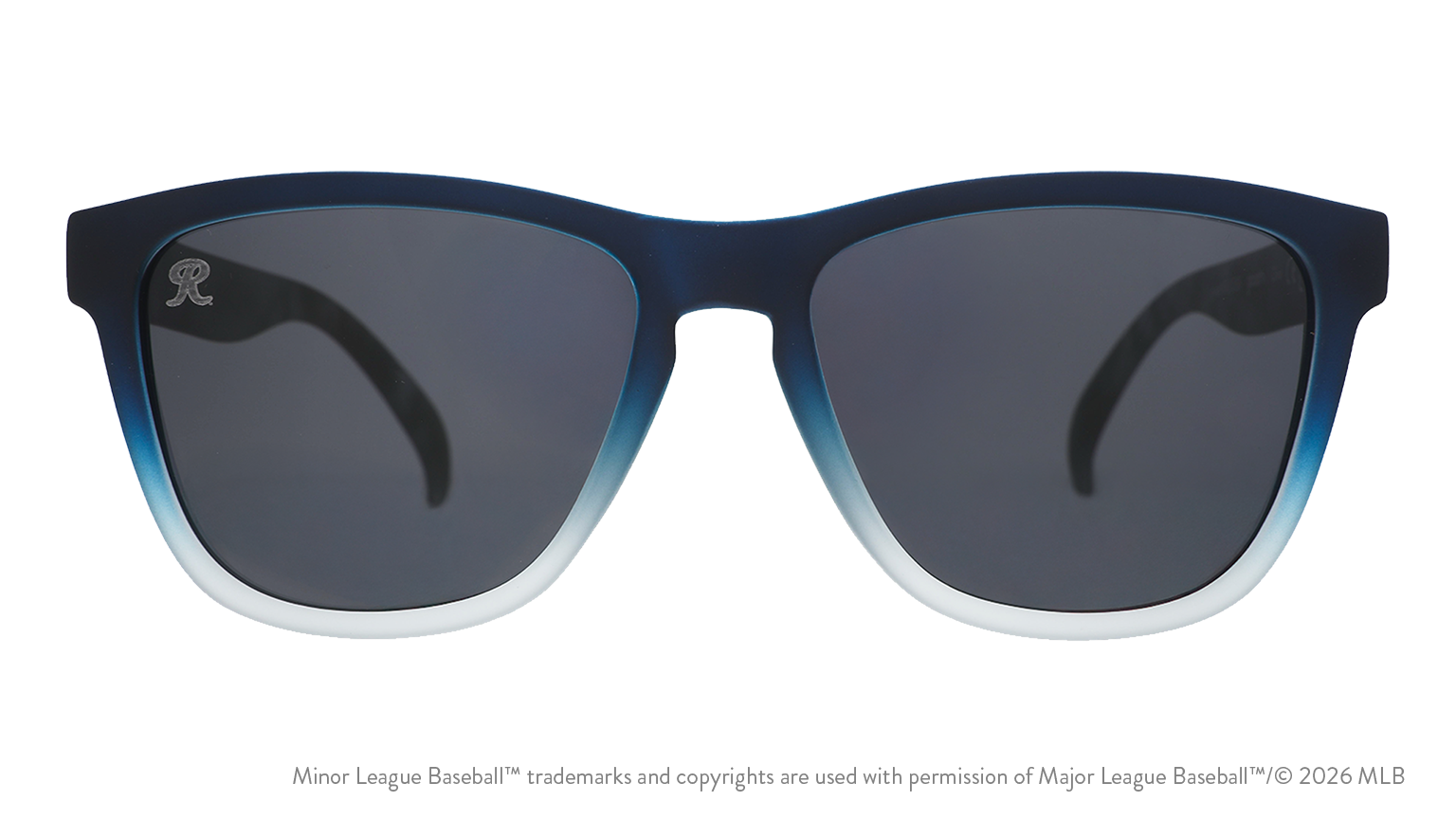 Front view of sunglasses. Gray front frame. Black non-reflective lenses. Rainiers logo etching in top corner of lens.