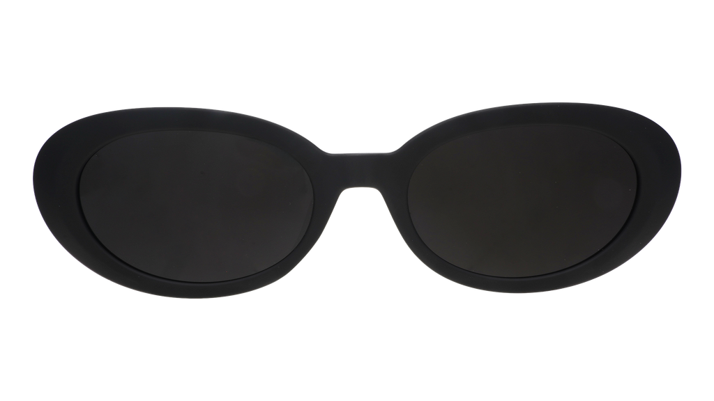 Front view of black oval sunglasses with polarized lenses against a white background.
