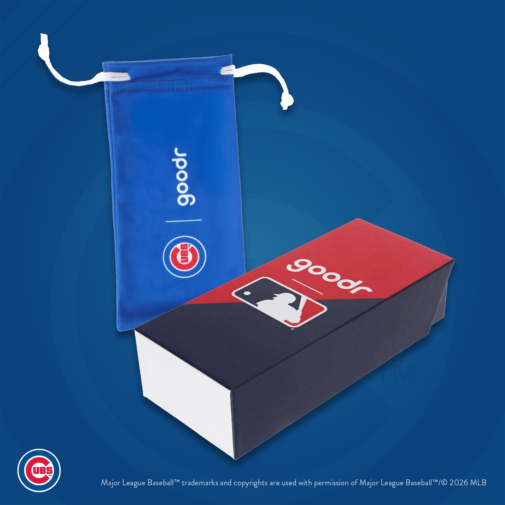 Photograph of custom packaging, featuring a blue microfiber bag with the Cubs' Wishbone C logo and MLB-themed box.