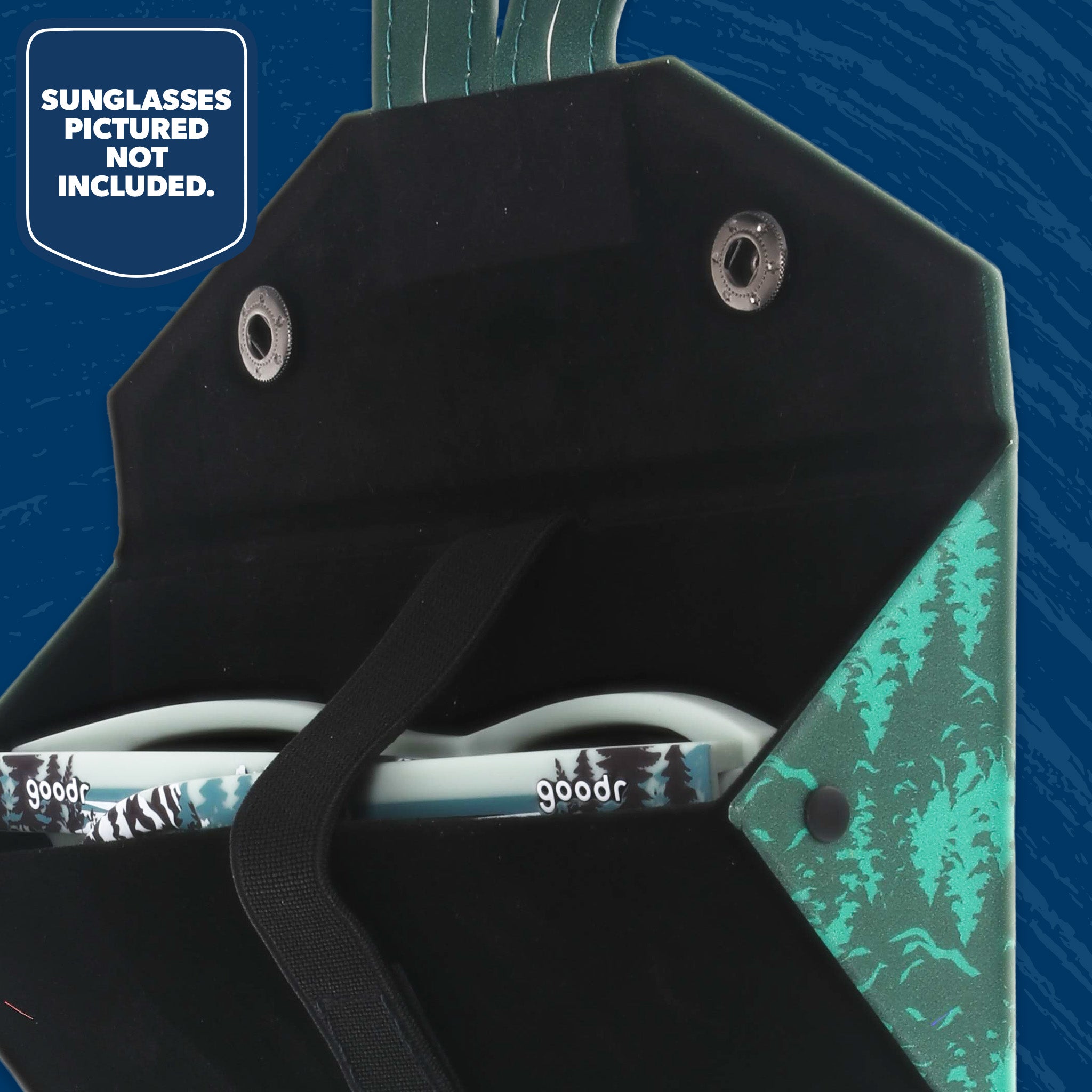 Close-up of the foldable National Park Foundation & goodr sunglasses organizer with elastic storage pockets.