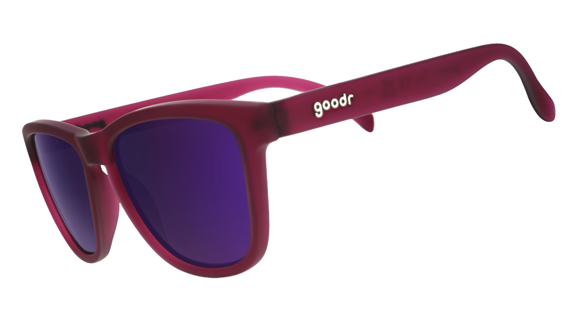 Three-quarter angle view of translucent purple sunglasses with reflective purple lenses.