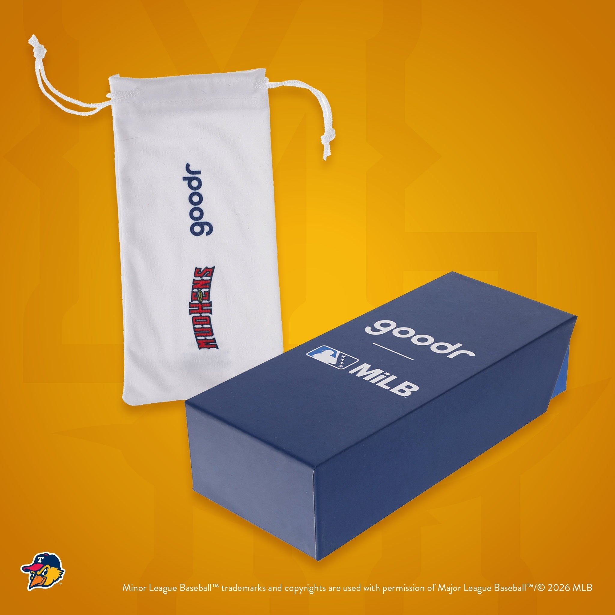 Front view of custom Minor League Baseball-themed packaging with a patterned microfiber bag and box.