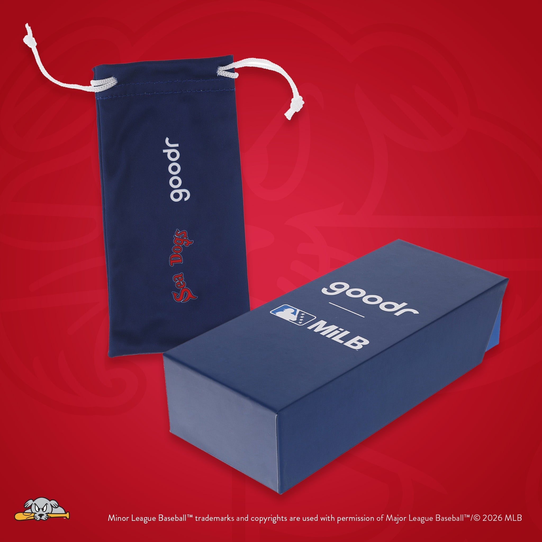 Front view of custom Minor League Baseball-themed packaging with a patterned microfiber bag and box.