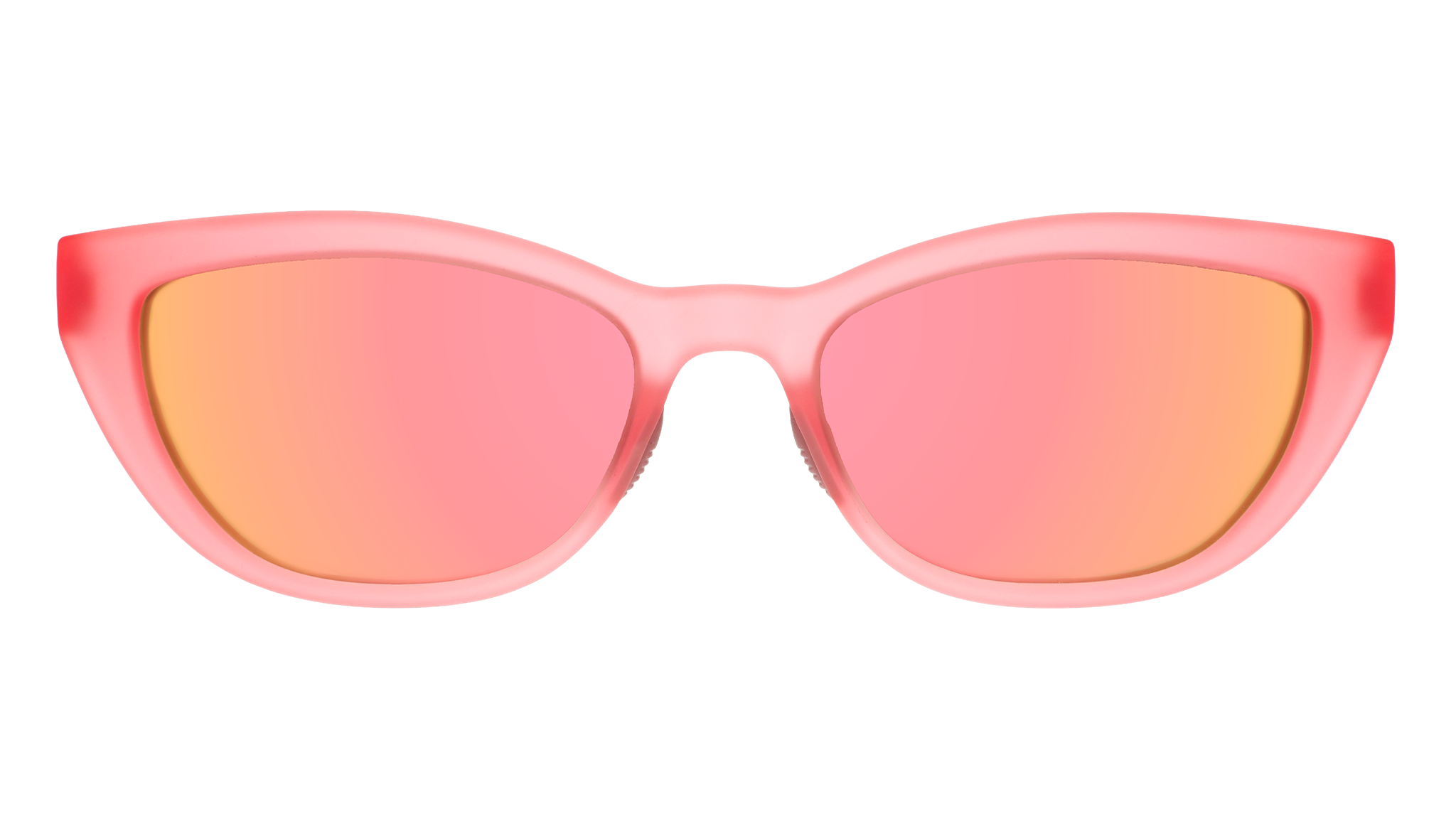 Front angle view of a pair of translucent pink cat-eye Cheetah G frames with pink champagne reflective lenses.