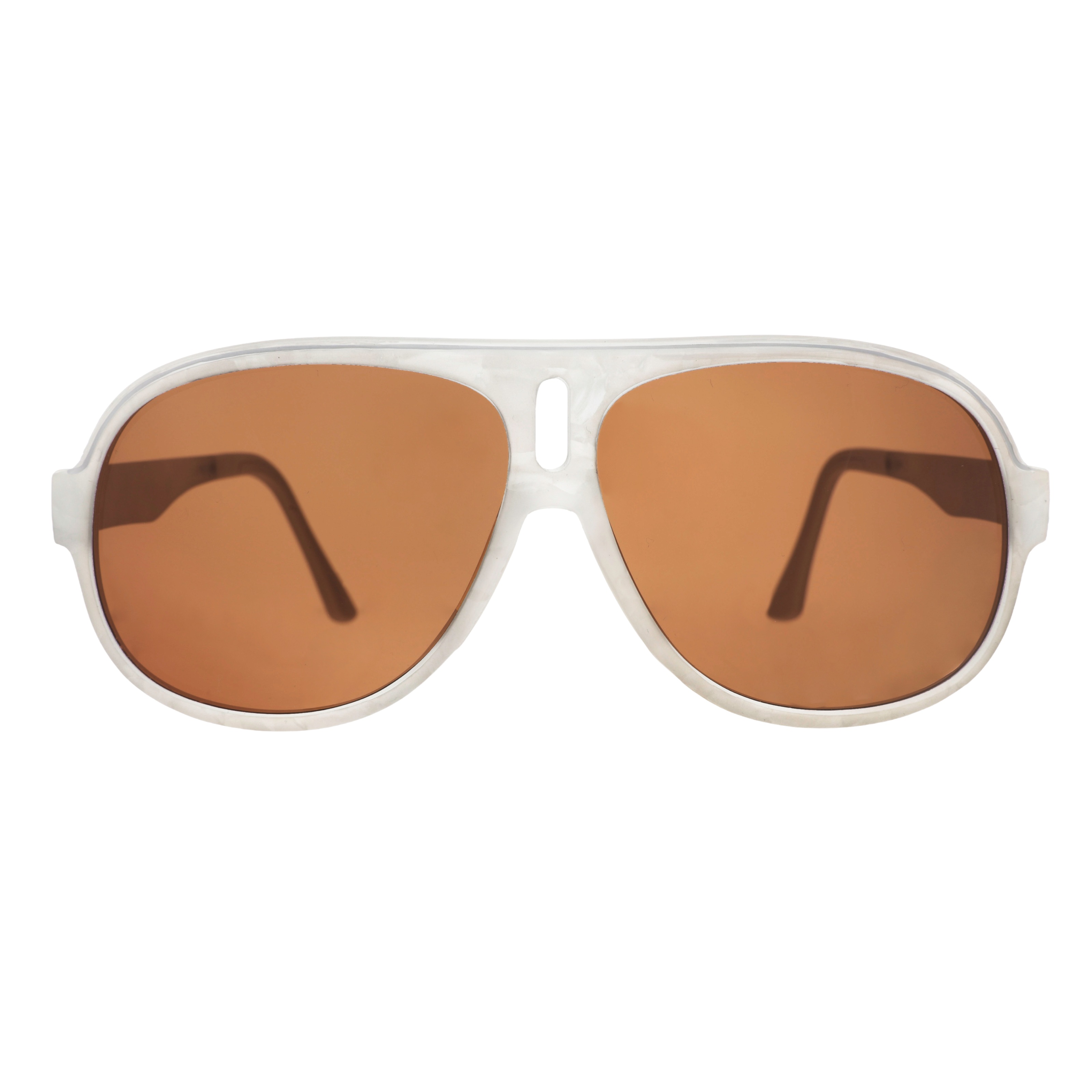 Aviator sunglasses with brown non-reflective lenses on a bright orange and pink starburst background.