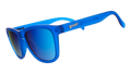 Three-quarter angle view of royal blue square-framed sunglasses with bright blue reflective lenses on a white background.