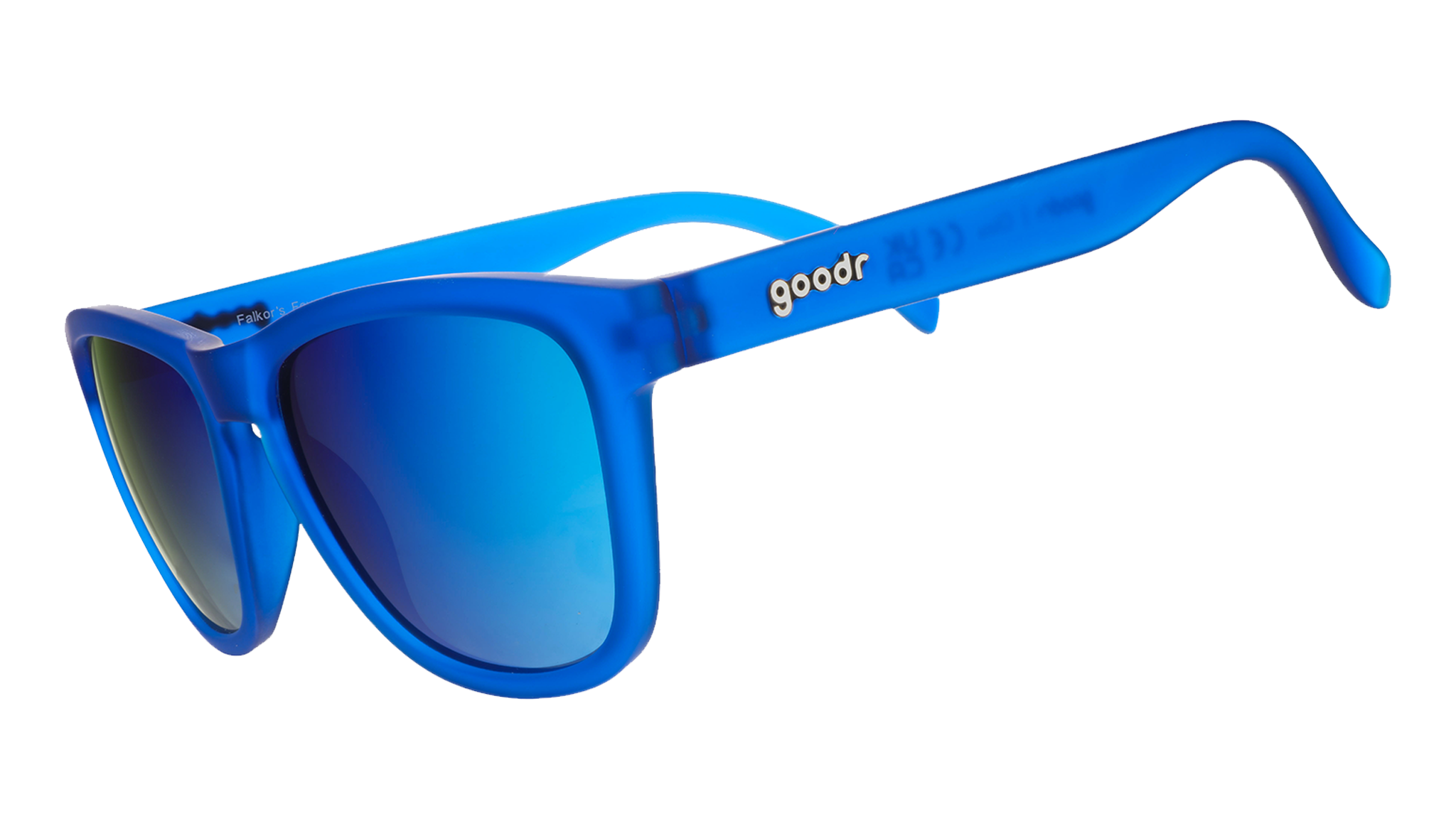 Three-quarter angle view of royal blue square-framed sunglasses with bright blue reflective lenses on a white background.