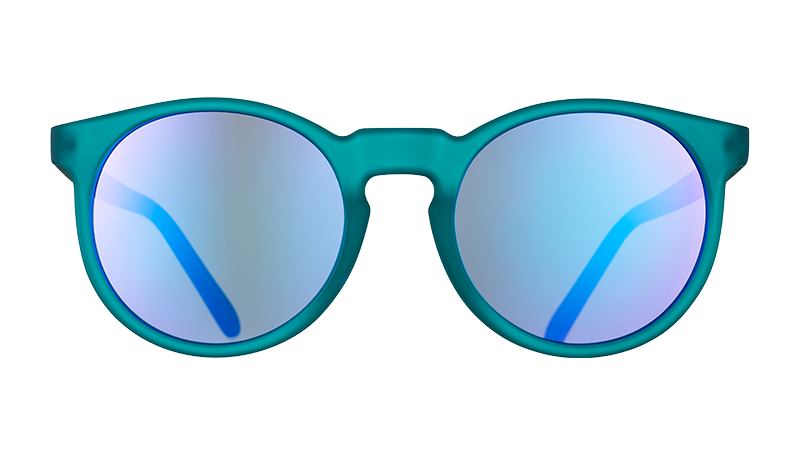 Front view of round teal sunglasses with reflect circle-shaped purple lenses.