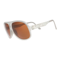 Aviator sunglasses with a translucent white frame and brown non-reflective lenses.