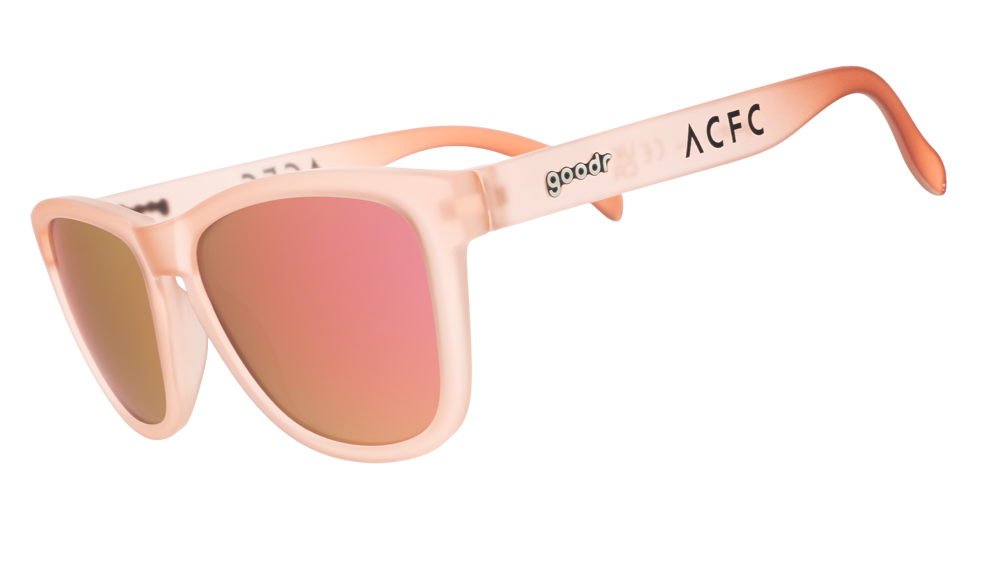 Three-quarter angle view of translucent pink sol rosa sunglasses with reflective champagne gold lenses & ACFC logo.