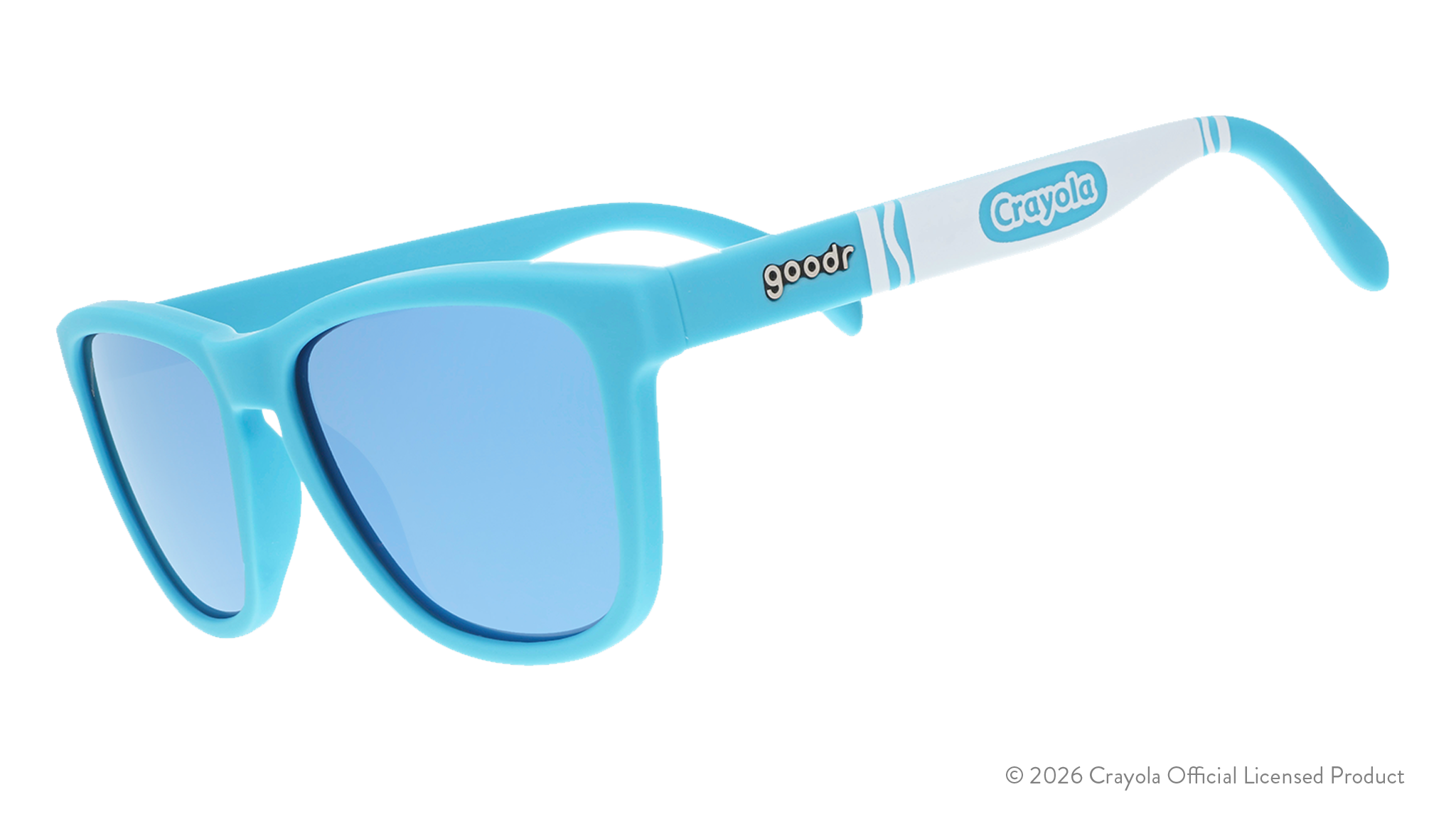 Three-quarter angle view of blue sunglasses w/ white Crayola marker pattern + blue reflective lenses tilted down.