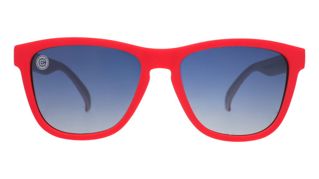 Front view of Major League Soccer Chicago Fire FC shades. Red front frame. Dark blue ocean gradient lenses.