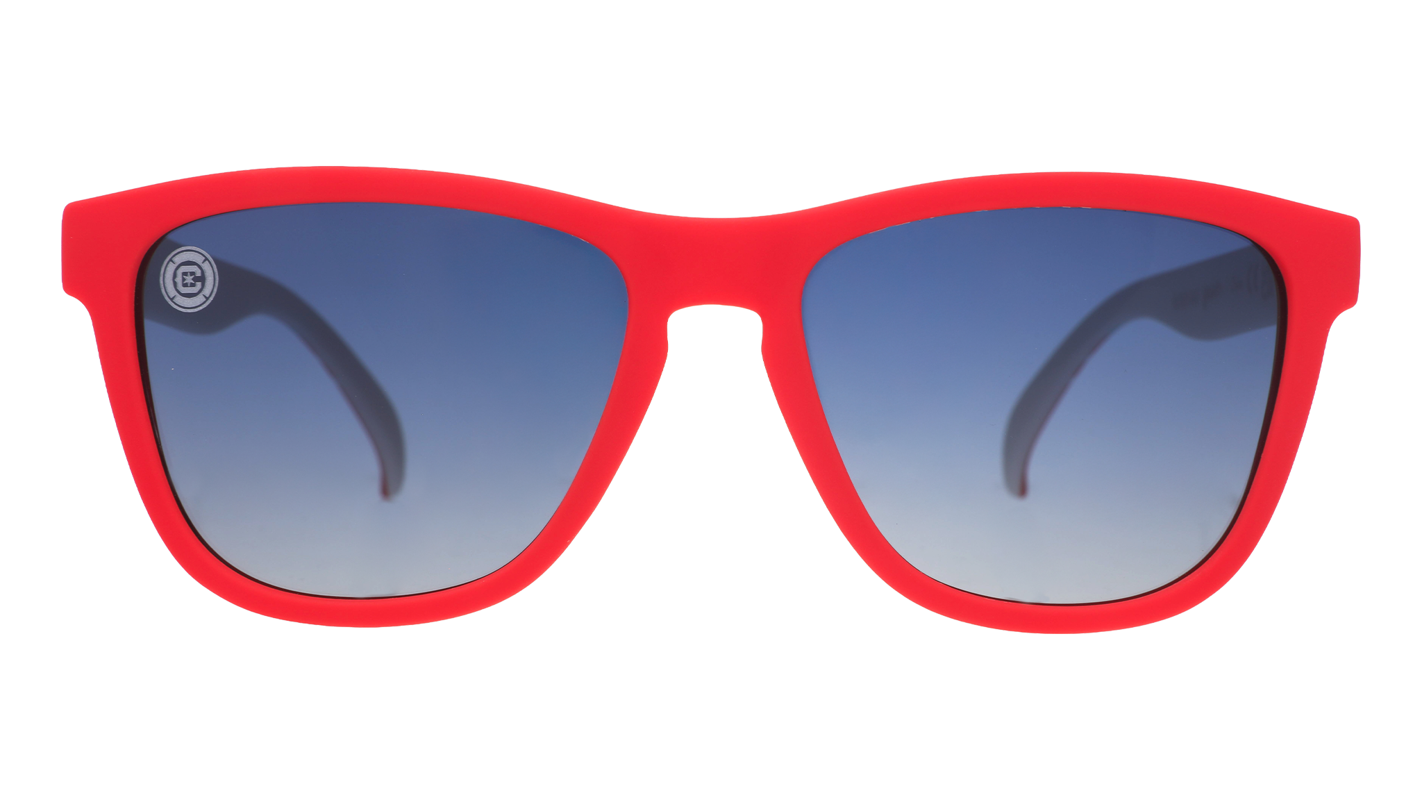Front view of Major League Soccer Chicago Fire FC shades. Red front frame. Dark blue ocean gradient lenses.
